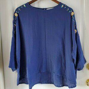 Fillil Cotton Lagenlook Blue Hi Lo Top Blouse Yellow Embroidered Flowers OS
